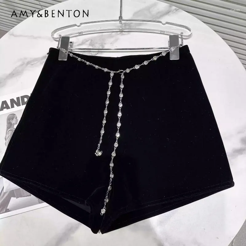 Damesshorts 2023 herfst korte broek klassieke strass metalen tailleketting effen kleur elegant fluwelen dames baggy broek streetwear