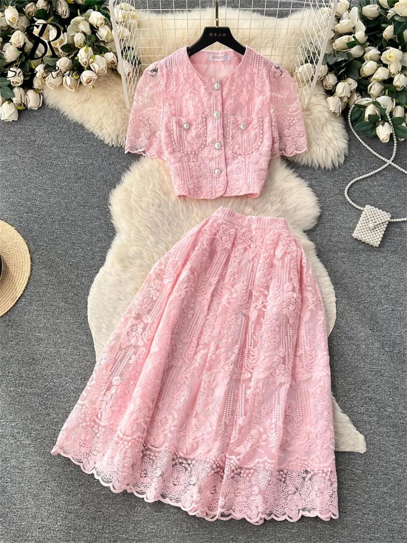 Robes de travail SINGREINY français crochet fleur creux ensembles femmes O cou simple boutonnage poches haut fermeture éclair longue jupe dentelle fête deux pièces costumes