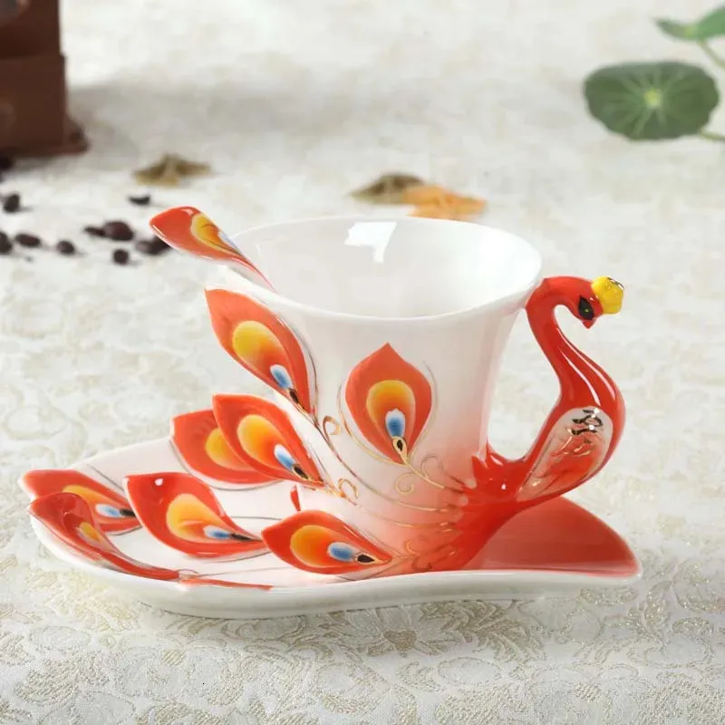 Peacock Coffee Mugs Set - Handmade 3D Ceramic Tea Cups with Saucer and  Spoon, 200ml Breakfast Milk Mugs for Home and Office, Gift for Coffee Lovers