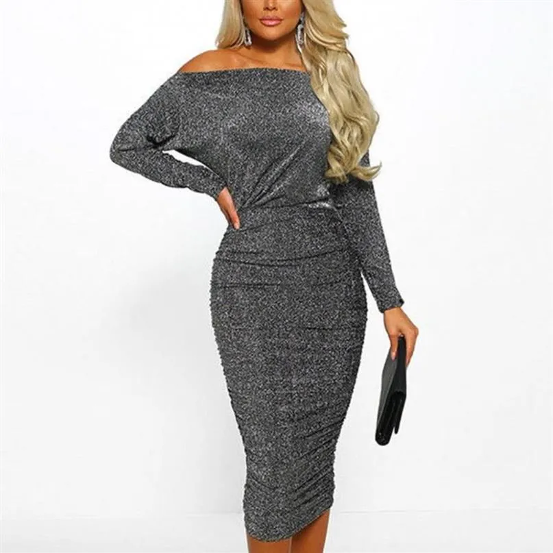 Casual Jurken 2021 Vrouwen Zomer Elegante Formele Jurk Sparkly Lange Mouw Off-Shoulder Avondfeest Club Ruches Bodycon L202121277f