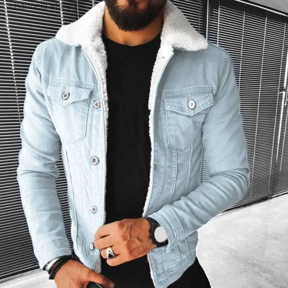 Herrjackor Populära män tallar vinter denim kappa lapel punk Turndown -krage kappa plysch foder T23101010