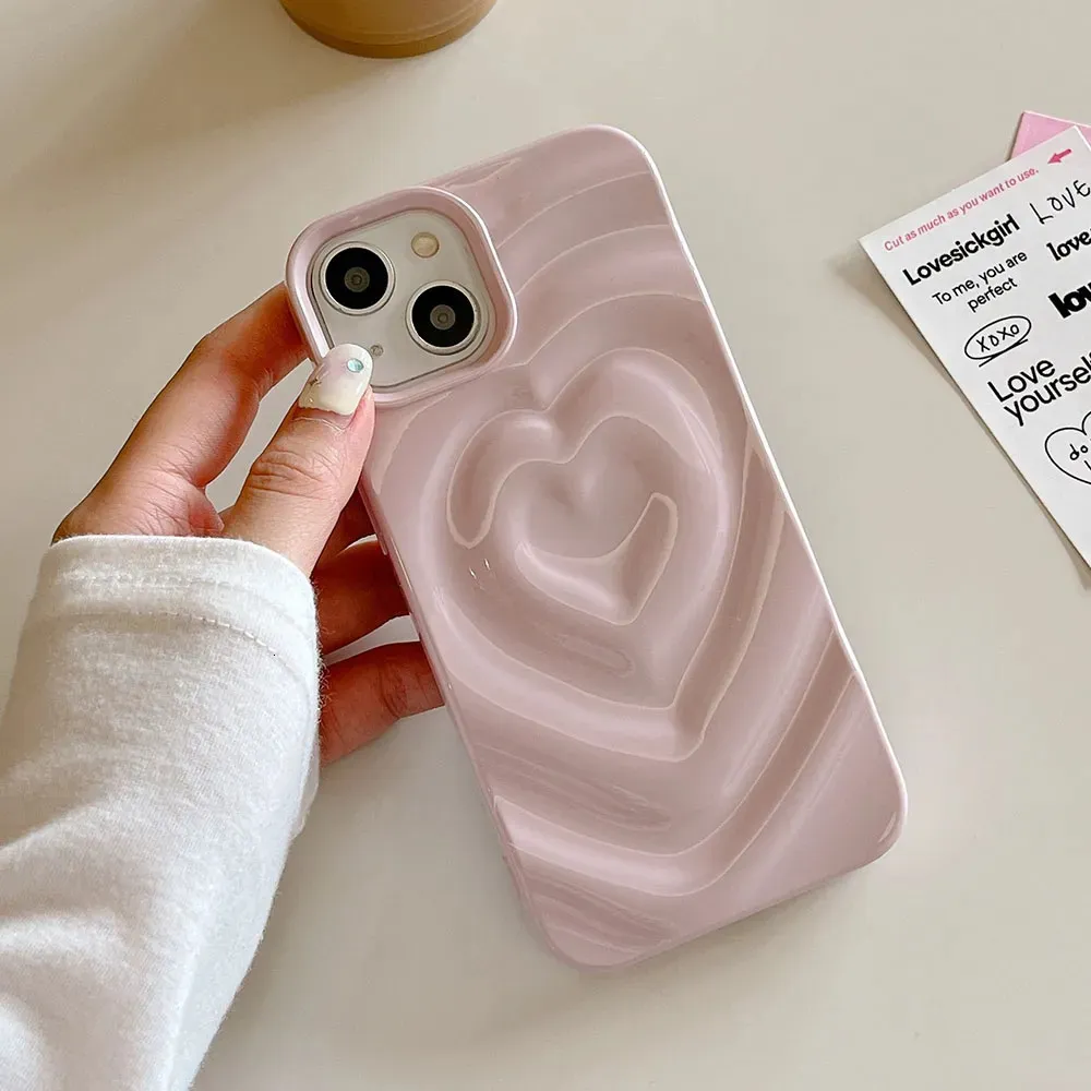 Casos de telefone celular coreano brilhante coração 3d caso para iphone 12 13 14 pro max fundas forma de onda criativa capa traseira macia shell para 11 15 coque 231010