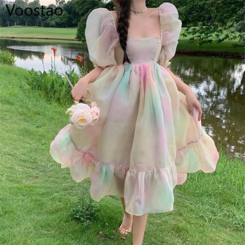 Vestidos casuales verano dulce arco iris princesa vestido mujeres coreano elegante cuadrado cuello puff manga midi femenino chic gasa fiesta303e