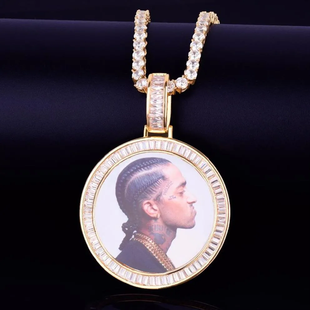 Custom Po Medallions Round Necklace Po Frame Pendant With Diamond Tennis Chain Gold Ice Out Rock Street Men's Hip hop J2574