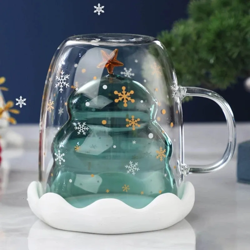 Tasses 300ML arbre de noël tasse en verre résistant à la chaleur Double paroi tasse en verre tasse à café avec couvercle cadeaux de noël mignons B03E 231009