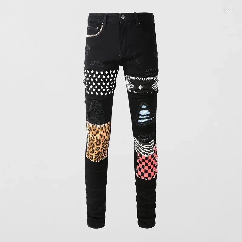 Calças de brim masculinas rua moda homens preto cor elástica slim fit remendado rasgado impresso designer hip hop denim marca calças hombre