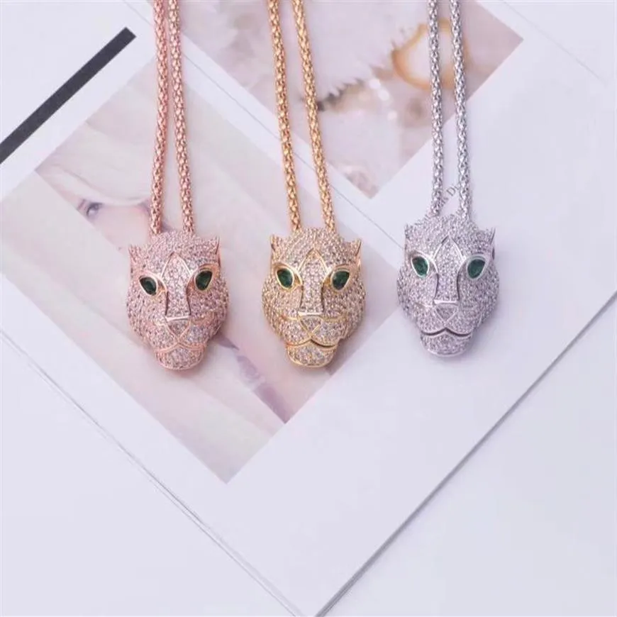 Mode Dame Frauen Messing 18K Gold Dicke Lange Halsketten Mit Voller Diamant Grün Augen Zirkon Leopard Kopf Pendant310c