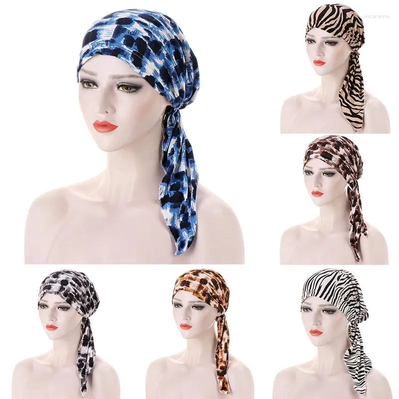 Abbigliamento etnico Donna Leopard stampato Hijab musulmano Cappelli Pre-annodare Underscarf Turbanti Cancro Chemio Cappello Coda lunga Fiocco Cofano Avvolgere la testa Turbante