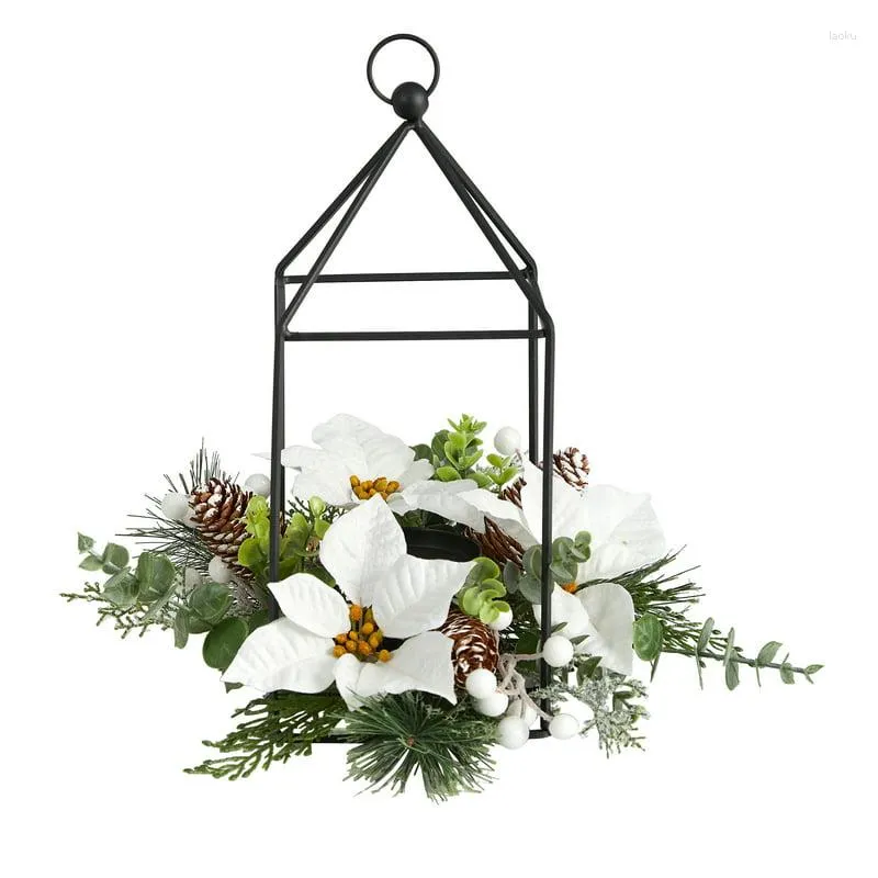 Dekorativa blommor Holiday White Poinsettia Berries and Pine Cone Candle Holder Artificial Flower Arrangement