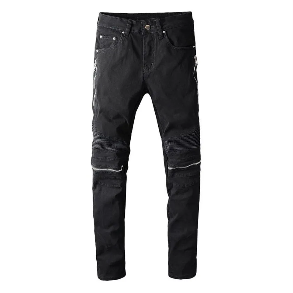 Nieuwste heren rits noodlijdende zwarte jeans modeontwerper slim fit gewassen motorfiets denim broek panelen hiphop bikerbroek P224E