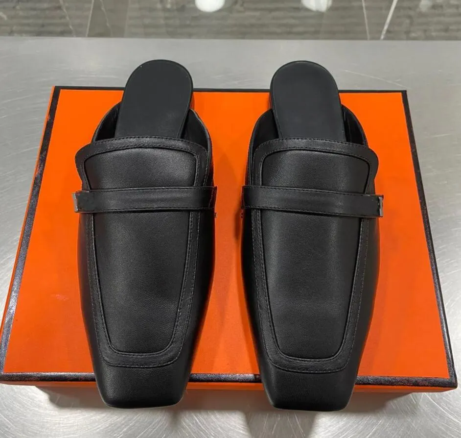 2023 Luxury Designer Shoes Women Groupie Loafer Flats Desigern Slipper Slide Oz Mules Shoes Calfskin and Canvas Sliver Side Buckle With Box 35-41