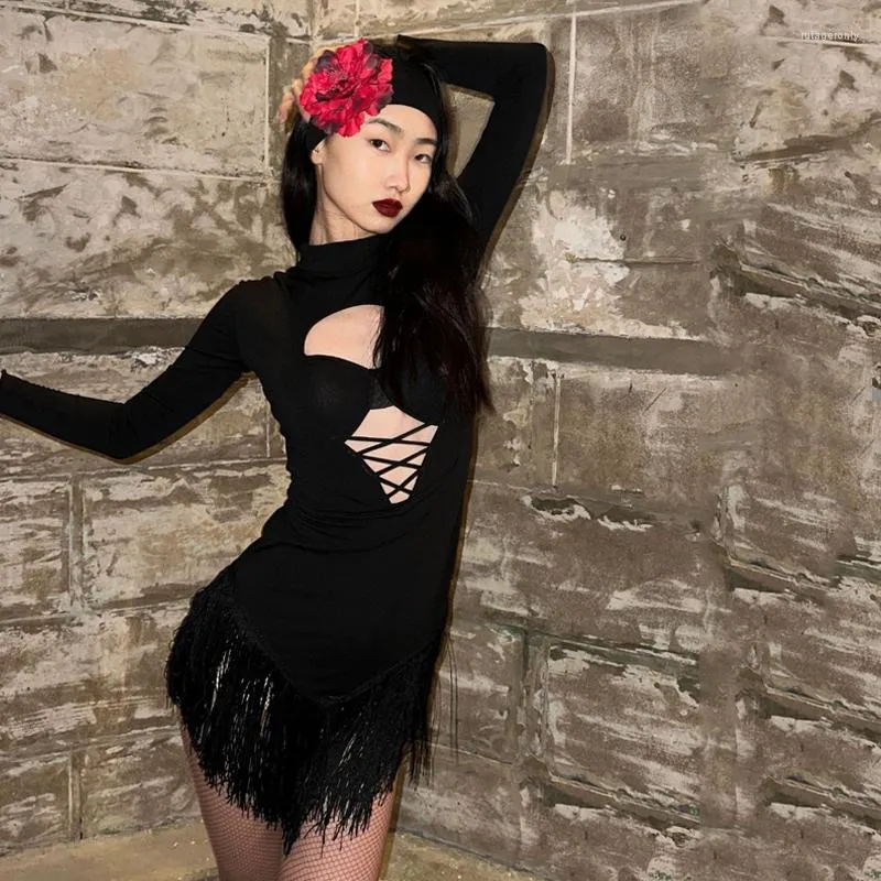 Stage Wear Black Backless Latin Dance Dress Women Hollow Lace Fringed Party Dresses Performance Clothes SL8996