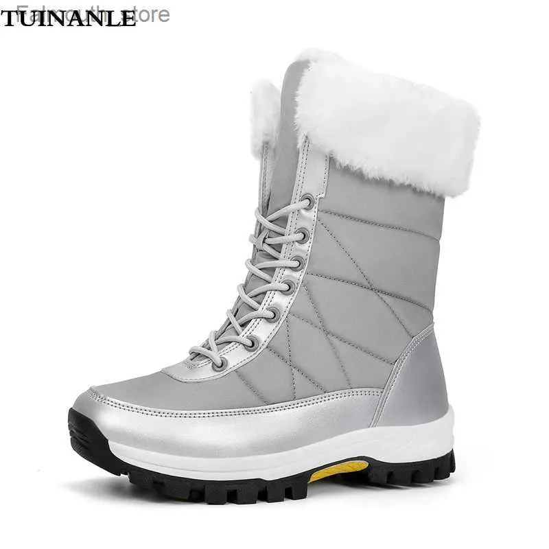 TUINANLE Vrouwen Platform Laarzen Winter Pluche Warme Schoenen Mode Vrouwelijke Halfhoge Snowboots Antislip Grijze Platte Schoenen Bota Feminina Q231010