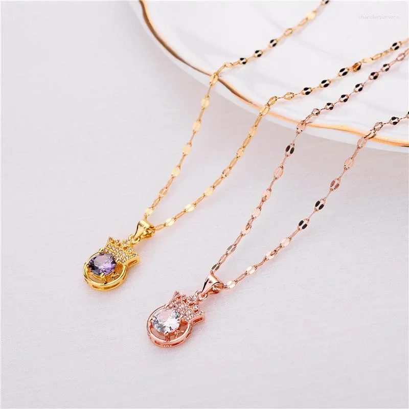 Pendentif Colliers Style coréen Luxe Zircon Cristal Couronne Femmes Dames En Acier Inoxydable Bijoux Femme Clavicule Chaîne En Gros