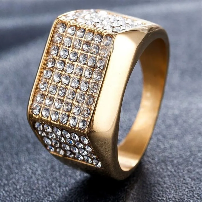 Nouveau créateur de mode de luxe plein de diamants titane acier inoxydable doré hommes anneaux hip hop bijoux 205o