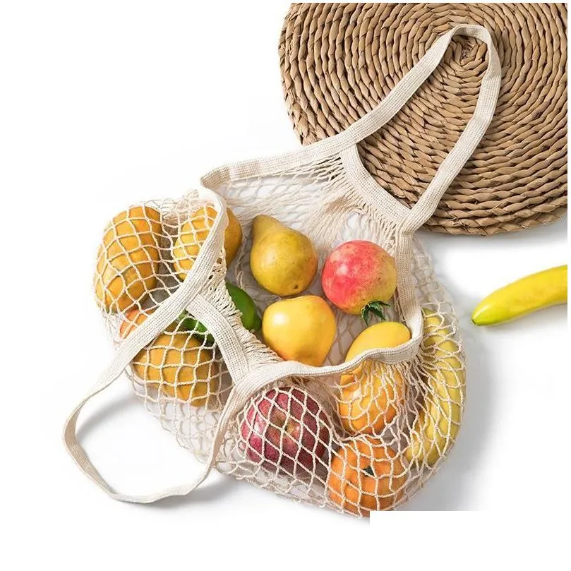 Förvaringspåsar Portable Net Bag Shop Mesh For Fruit Vegetable Washable miljövänlig handväska Bomullsvikbar Drop Delivery Home Garden Otyia
