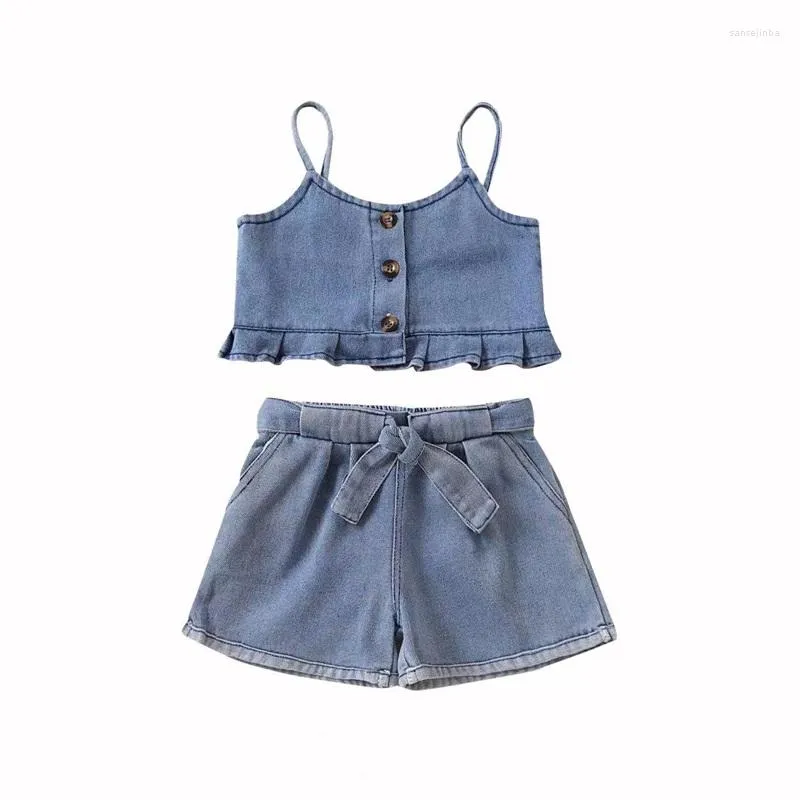 Vêtements Ensembles pudcoco enfants shorts de bébé filles ensembles denim Ruffled Camisole avec tenue de 2 pièces d'été