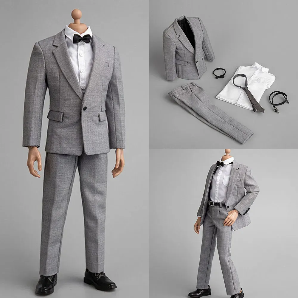 Military Figures ZY5038 1/6 Male Gray Suit Model Shirt Trousers with Tie Clothes Set Leather Shoes Hollow Accessory for 12'' Soldier Action Figur 231009