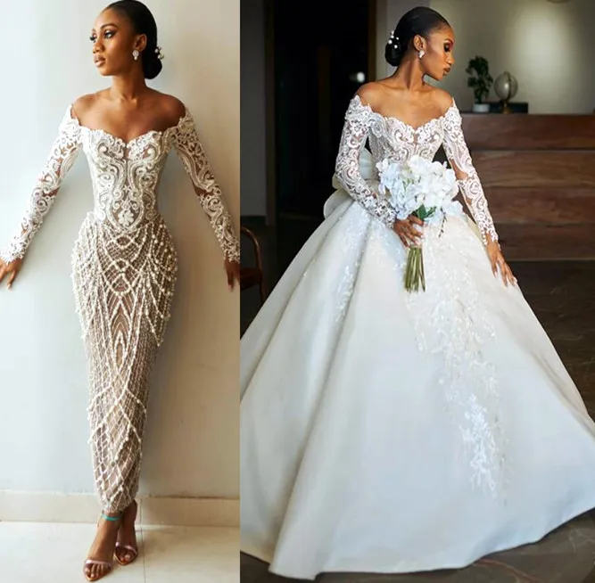 2023 Okt Arabisch Aso Ebi Plus Size Mantel Elfenbein Luxuriöses Hochzeitskleid Perlen Spitze Abnehmbarer Zug Brautkleider Kleider ZJ734