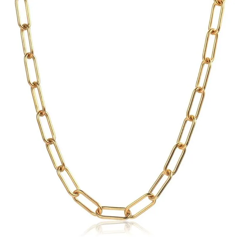 Chains 7mm Gold Tone Rectangle Chain Choker Necklaces Women Anti Allergy Stainless Steel Cable Paperclip Link Collar Adjustable KN322a