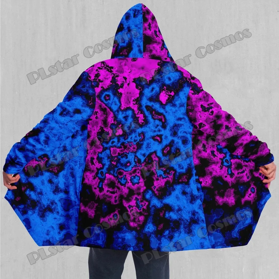 Herren Wollmischungen Geocidic Psychedelic Buntes Muster 3D-gedruckter Sherpa-gefütterter Kapuzenumhang Winter Unisex Lässiger dicker warmer Cape-Mantel DP76 231009