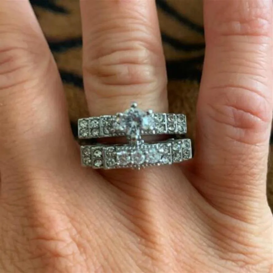 Märke söt kvinnlig kristall vit rund ring set lyx 925 silverförlovningsring vintage brud bröllopsringar för kvinnor264Z
