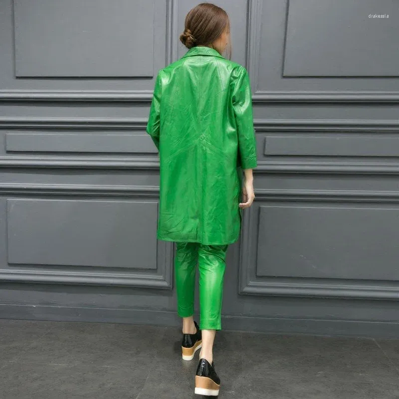 Couro feminino 2023 jaqueta genuína pele de carneiro verde senhora do escritório longo trench coat streetwear vintage moda real