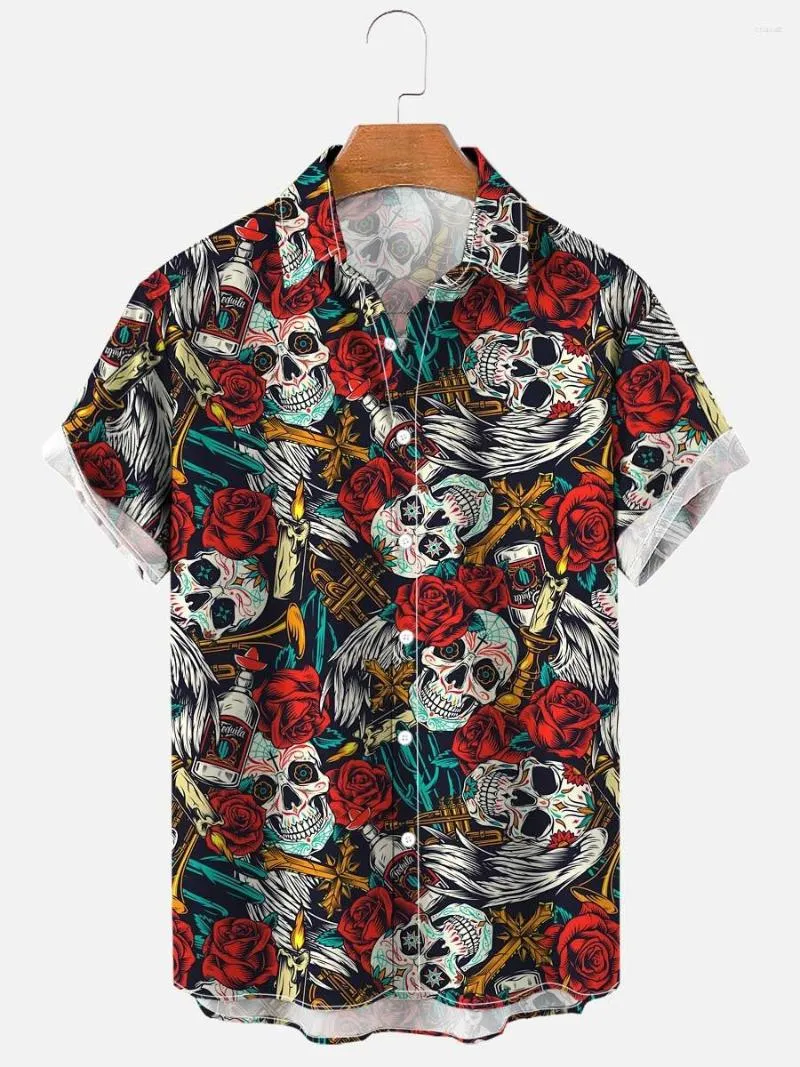 Erkek sıradan gömlekler 2023 Vintage Rose Style Hawaiian Kafatası Camisas Africanas Para Hombre Camicia Hawaiana
