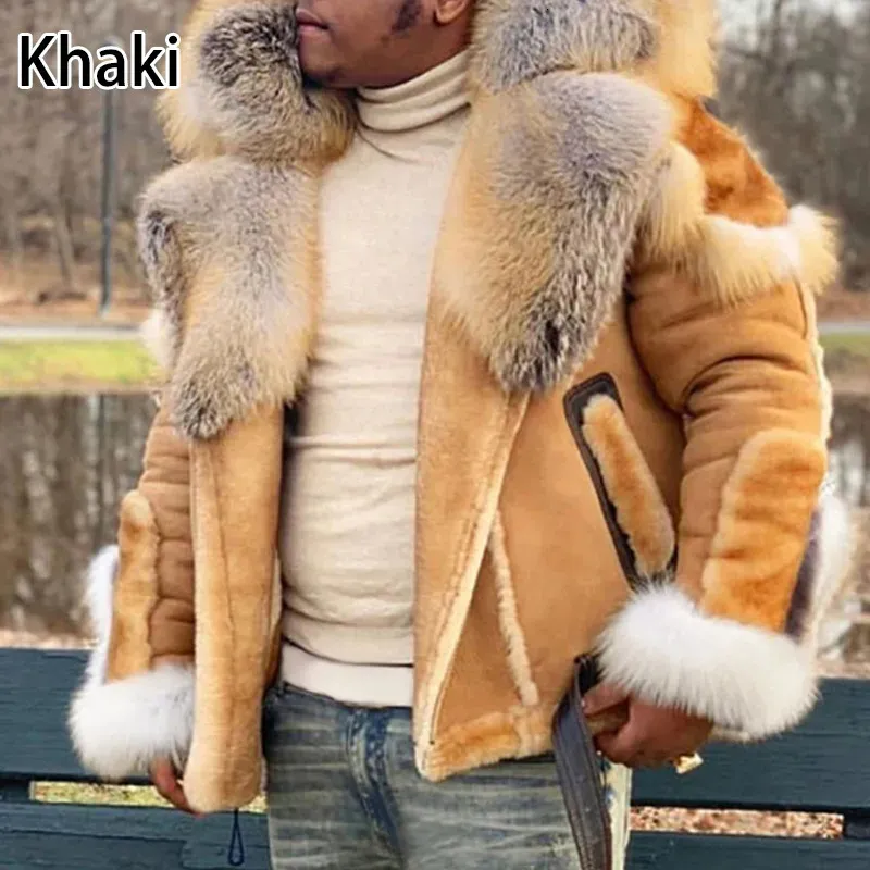 Mens Jackets Men Winter Warm Parkas Motorcycle Faux Fur Pocket Coat Suede Padded Fashion 231009