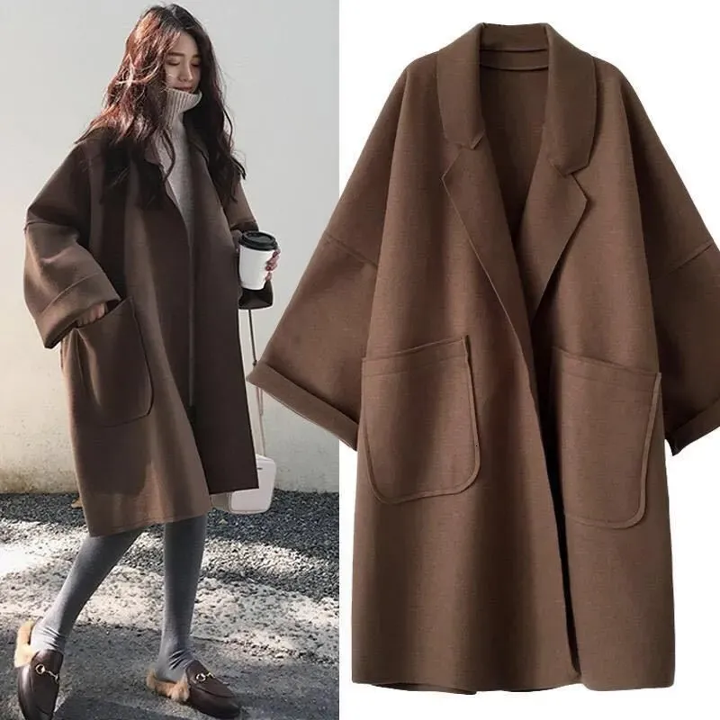 Mulheres misturas de lã casaco preto elegante trench inverno para mulheres vintage blusões jaqueta comprimento médio gola solta cardigan 231010