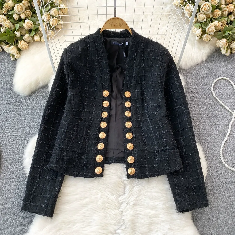 Outono e inverno europeu e americano moda tweed borla pele fino ajuste botão de metal cardigan casaco curto feminino jaqueta casual topo
