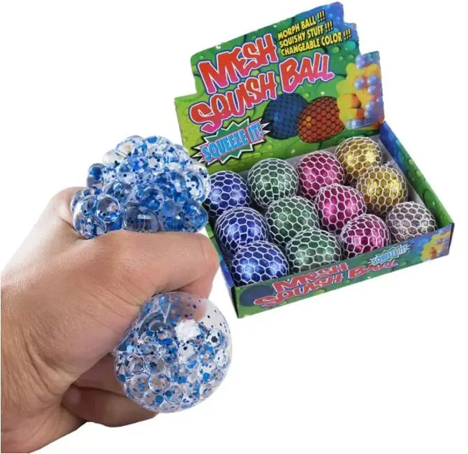 6.0 CM Tamaño grande Glitter Powder Mesh Squish Grape Ball Fidget Toy Anti Stress Venting Squishy Balls Squeeze Toys Descompresión Ansiedad Alivio
