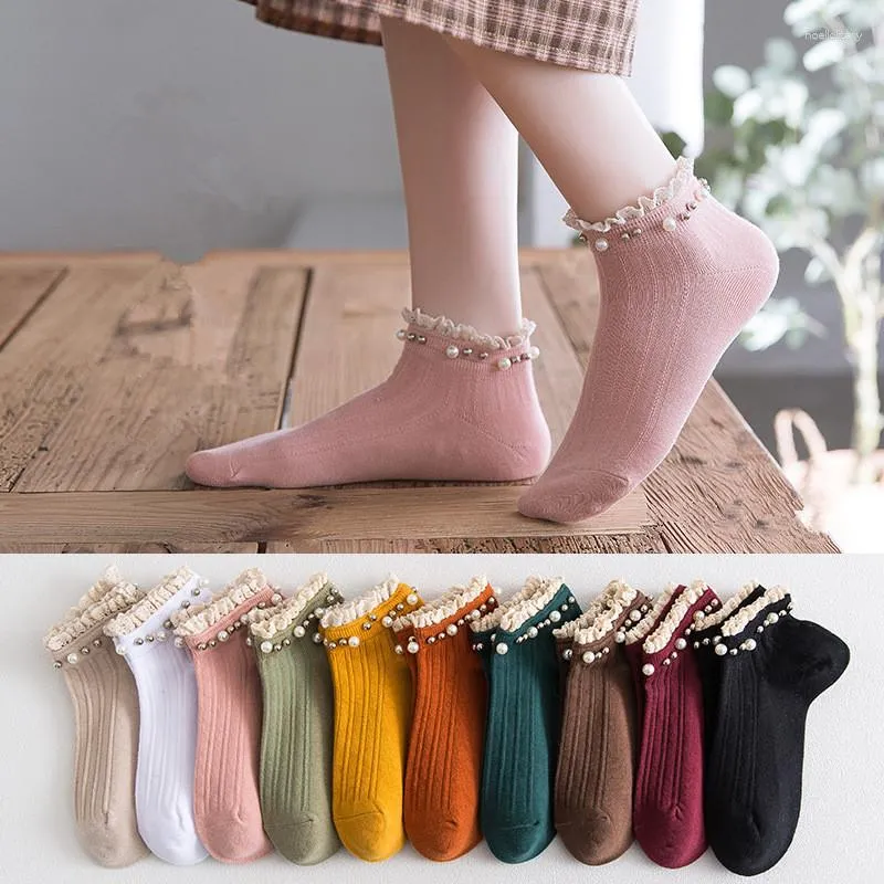 Frauen Socken Knöchel Koreanischen Stil Baumwolle Designer Perle Glitter Calcetines Harajuku Frau Skarpetki Schwarz Meias Mulher Meia Mujer