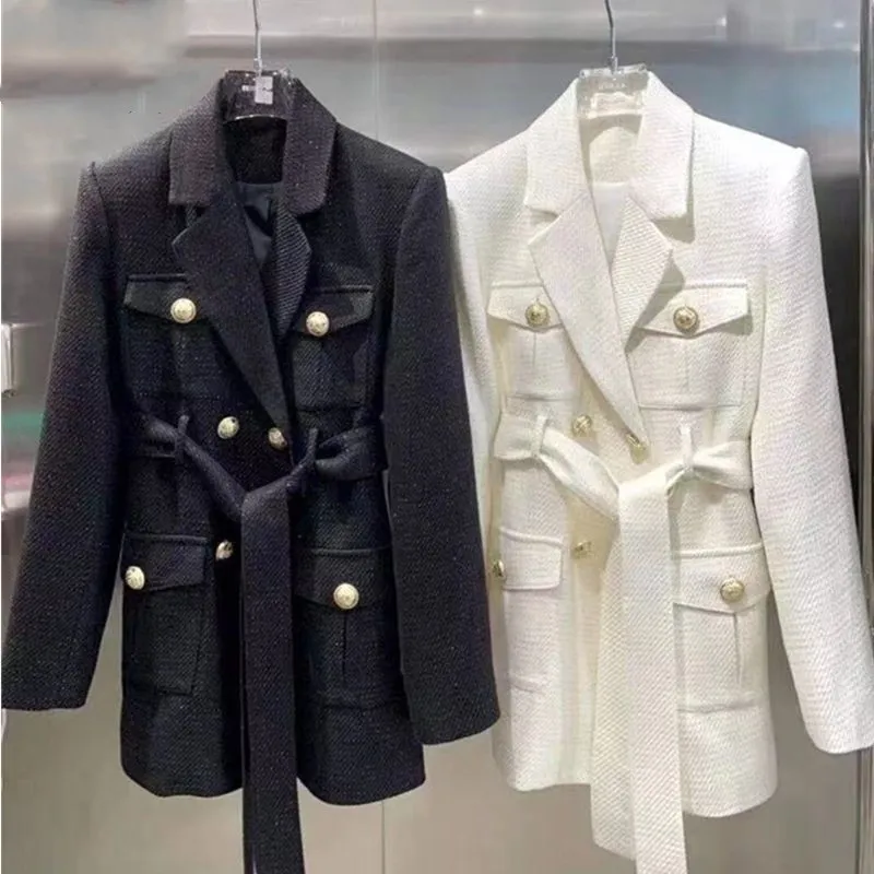 Nouveau luxe femmes laine Blazer veste col en V Double boutonnage Blazers avec ceinture femme mode mince formel Long noir blanc bureau dame costume manteau