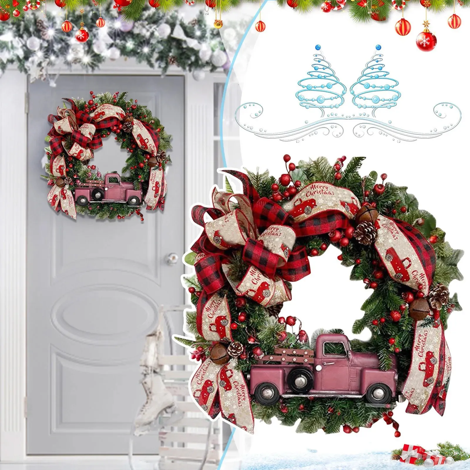 Рождественские украшения Красный грузовик Рождественский венок Передняя дверь Окно Стена Дверные украшения Рождественская гирлянда Орнамент Guirnalda Navidad 231010