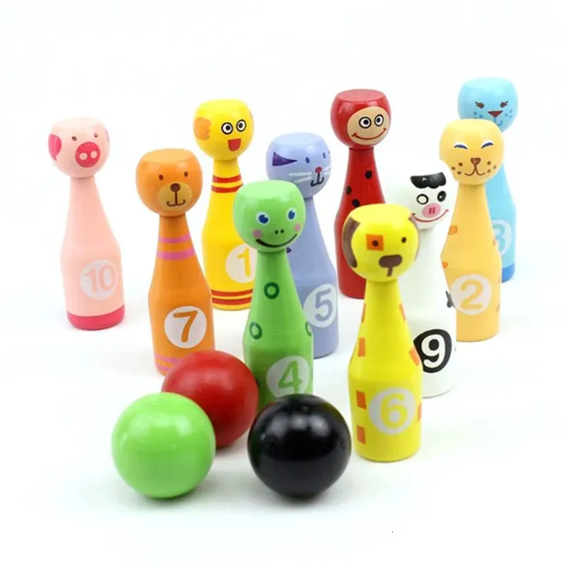 Bowling 13pcs/zestaw drewniany zestaw do kręgli 10 szpilki 3 Ball Animal Bowling Game for Children xxuf 231009