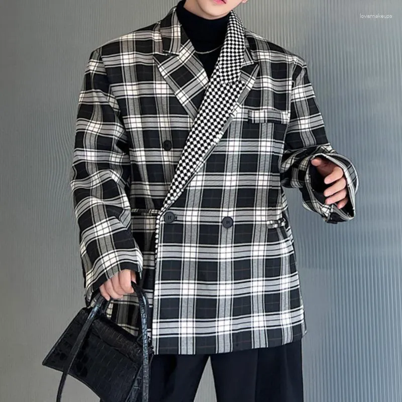 Men's Suits Chic Men Casual Blazers Half Double Neckline Checkered Suit Coats Long Sleeve Loose Streetwear Korean Stylish Oversize Jackets