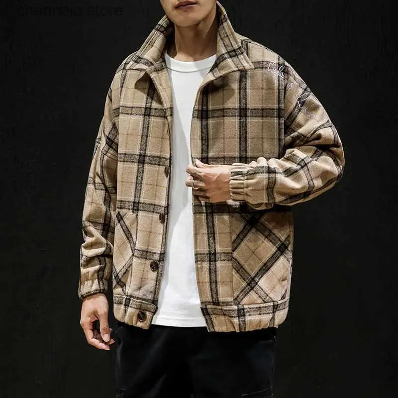 Herrjackor Nya hösten Men's Tweed Plaid Jacket Vintage Fashion Loose Plus Size Casual Jacket T2310101010