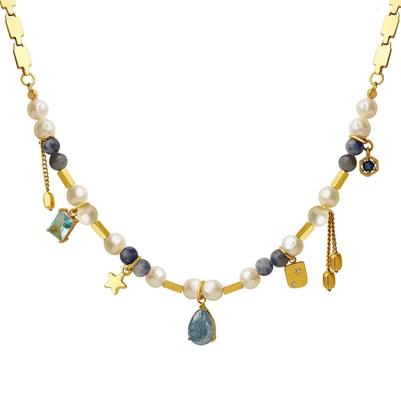 Gargantillas estilo francés creado piedra natural encantos de perlas de agua dulce collar para mujeres collar de cadena geométrica joyería de moda regalo 231010