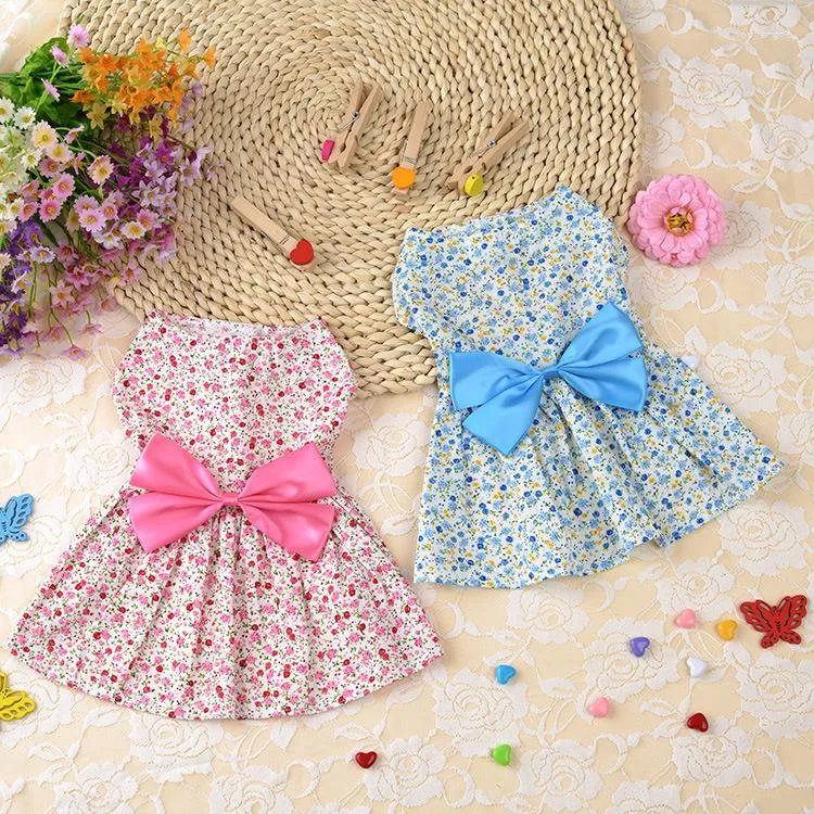 Vestuário para cães Pet Denim Princesa Vestido Primavera 2023 Teddy Schnauzer Bichon Chihuahua Bow Saia para Pequenos Cães Médios Floral