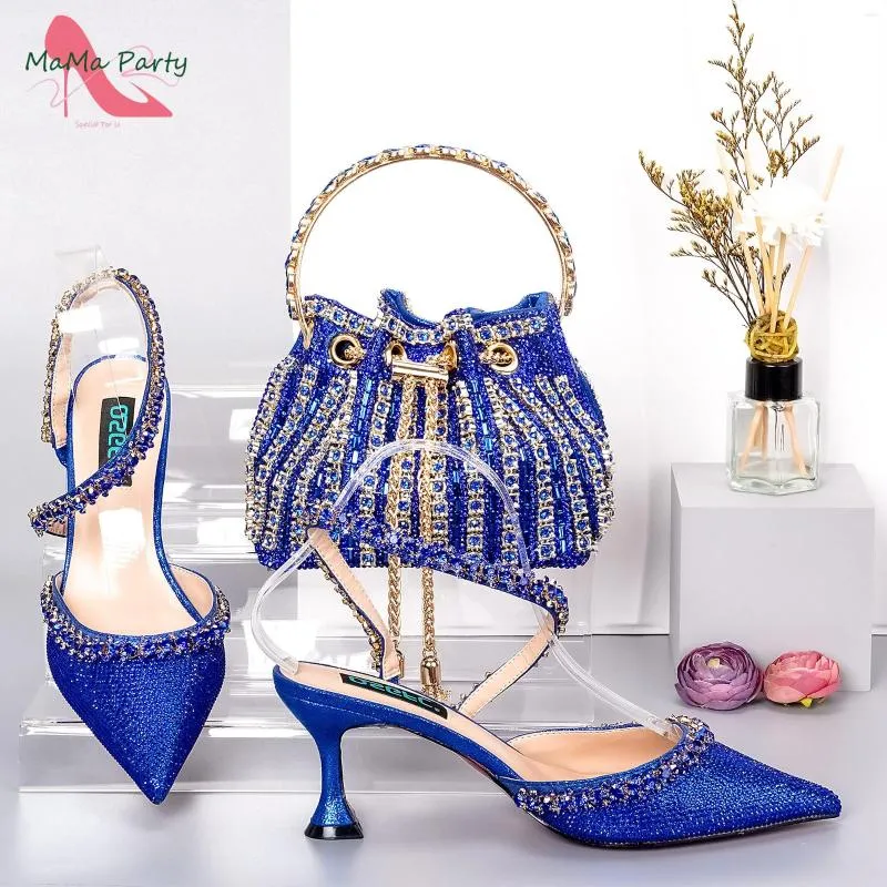 Dress Shoes Leisure Style Arrivals Women And Bag Set In Royal Blue Color Super High Heels With Shinning Crystal For Party