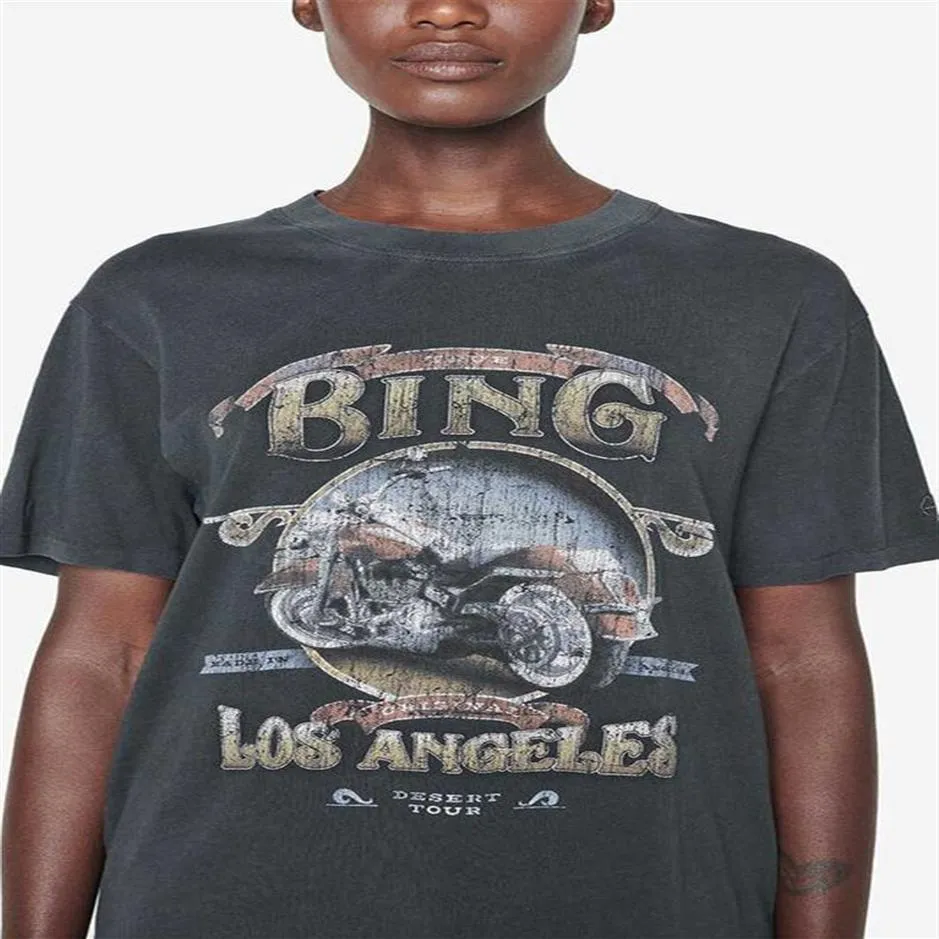 Bings Vintage Motorcykel T Shirt Letter Print Washed T-shirt Los Angeles Aninee Black Grey Cotton Women Short Sleeve Tee315h