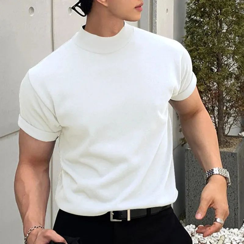 Herrenpullover Koreanische Mode Mock Neck Männer T-Shirt Kurzarm Solide Basic Top Streetwear Casual All Match Plain T-Shirts Herren Übergröße 231009