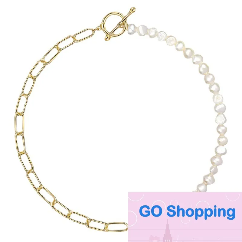 Collana con fibbia di perle a catena popolare europea di moda con cuciture a catena con clavicola placcata in vero oro 18 carati