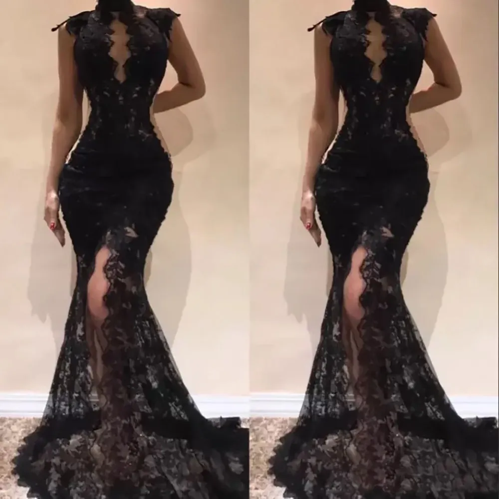 Evening Dresses Black Lace Prom Party Gown Formal Custom New Zipper Lace Up Plus Size Mermaid Applique High Neck Sleeveless