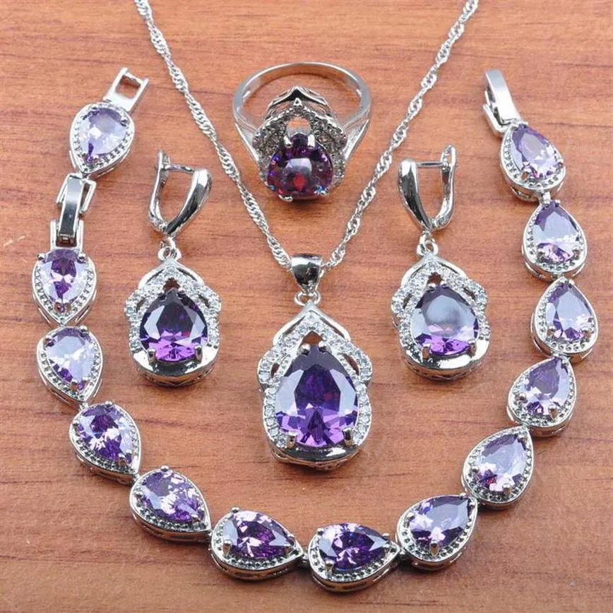 Bröllopsbröllop Natural Purple Crystalsilver Färgsmycken Set Kvinnorörhängen Halsband Pendant Rings Armband JS0306 H1022223Y