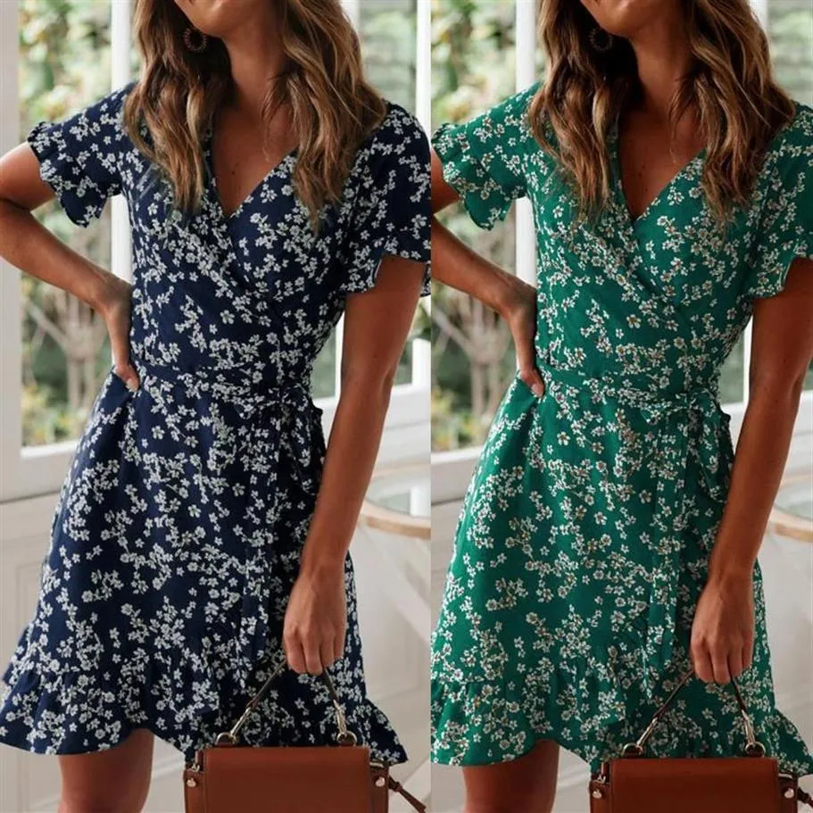 Robes décontractées Boho imprimé floral volants femmes robe 2022 été sexy col en V à manches courtes une ligne en mousseline de soie mini plage vacances Sundr164e