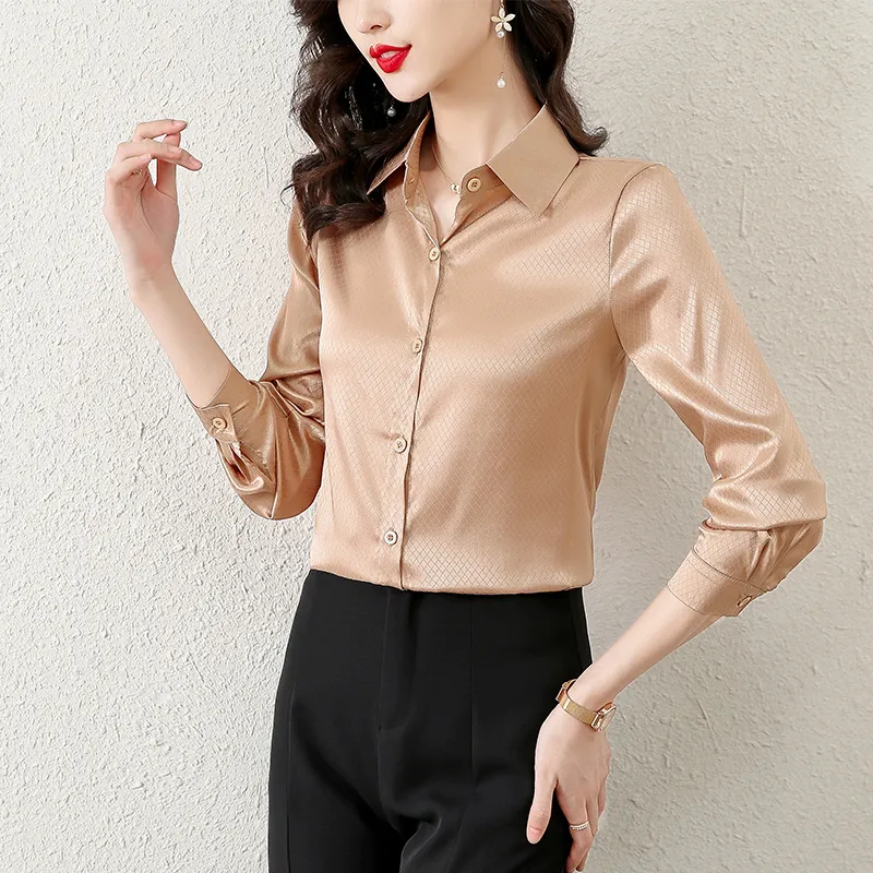 Vintage Mode Jacquard Gold Blusen Seidensatin Damen Designer Button Up Shirt 2023 Herbst Winter Langarm Büro Lady Runway Revers Button Shirt Niedliche karierte Tops