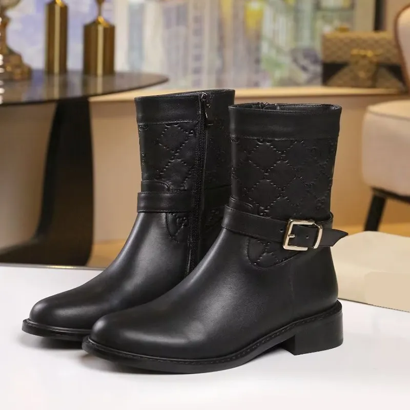 Automne hiver nouvelles bottes de luxe femmes marque de créateur dames bottes en cuir véritable tête ronde bouton en métal fermeture éclair latérale talon épais augmenter anti-dérapant botte courte