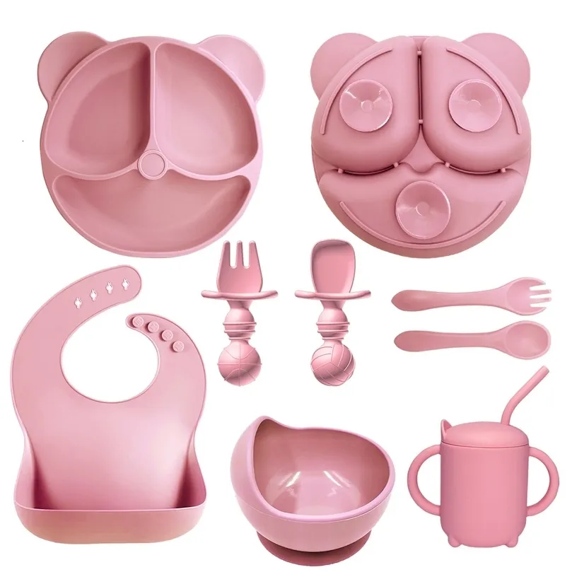 Cups Dishes Utensils 8PCS Baby Soft Silicone Bib Dish Suction Cup Bowl Dinner Plate Fork Spoon Set Non-slip Food-grade Silicone Kids Cutlery BPA Free 231006